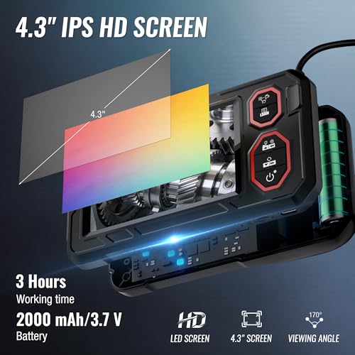 WORKPRO Cámara Endoscópica 1080P HD, Pantalla IPS 4,3", Boroscopio Digital Industrial con Tarjeta TF 32 GB, 8+1 LEDs, Cable Semirrígido 5M, IP67 para Inspección de Tuberías y Automóvil