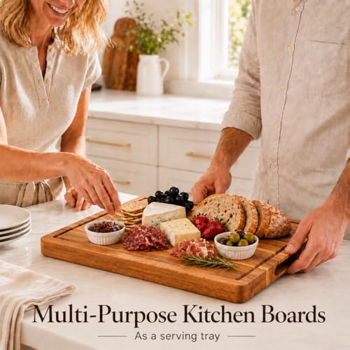 Tabla para Picar Cocina de Madera de Acacia 42 × 33 × 2.5 cm,ideal para carne, verduras, quesos y charcutería, reversible con canal para jugos