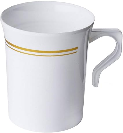 Amazon Co Jp Bloomingoods ヘビーウェイト使い捨てホワイトプラスチック8オンスコーヒーマグ 50個 ゴールドトリム付き 紅茶 カプチーノ エスプレッソカップ ハンドル付き 50パック ホーム キッチン