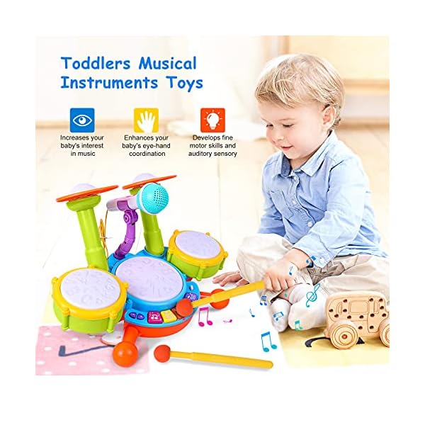 Kids Drum Set, Rabing Electric Musical Instruments Toys with 2 Drum Sticks, Beats Flash Light and Adjustable Microphone…