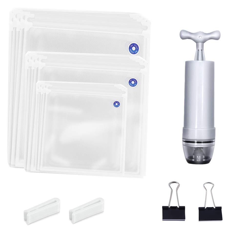 Sous Vide Bags Kit for Cooker - 19 BPA Free Food Vacuum Sealed Bags, 1 Hand Pump, 2 Bag Sealing Clips and 2 Sous Vide Clips, Reusable & Easy to Use, Practical for Food Storage & Cooking
