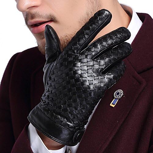 InlnDtor Men Genuine Nappa Leather Fleece Lined Woven Pattern Gloves with Buttons