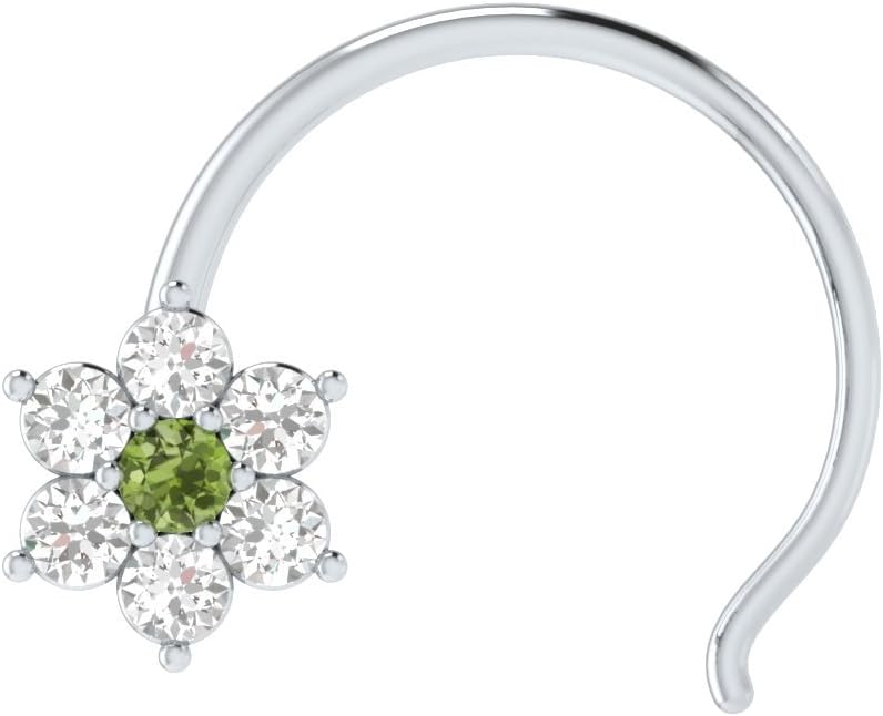 Animas Jewels DGLA Certified 14k White Gold Flower Nose Pin Ring for Women 0.08 Cttw Natural Diamond (G-H Color. SI Clarity) and Peridot Round Cut Single Prong Setting