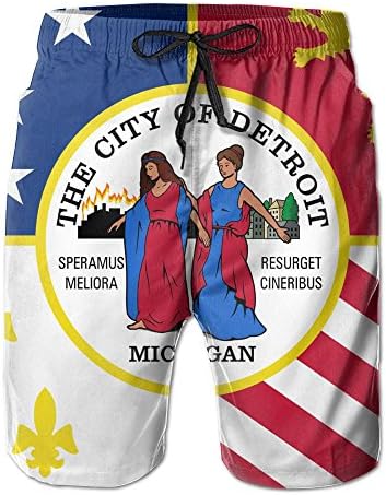 KfjTA Men Flag Of Detroit Swimming Beach Board Shorts Hot Boardshorts Cargo Pants