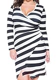 Papijam Women's Striped Bodycon Long Sleeve V-Neck Plus Party Dress Black White Large