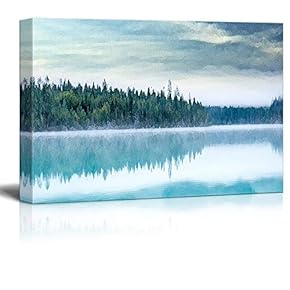 Canvas Wall Art - Watercolor Painting Style Forest with Reflection on Calm Lake - Giclee Print Gallery Wrap Modern Home Art Ready to Hang - 12x18 inches
