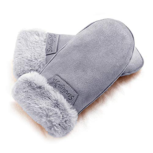 Women's Faux Leather Sherpa Lined Fur Cuff Winter Gloves,Mittens Warm with Neck Long Rope Windproof Mittens