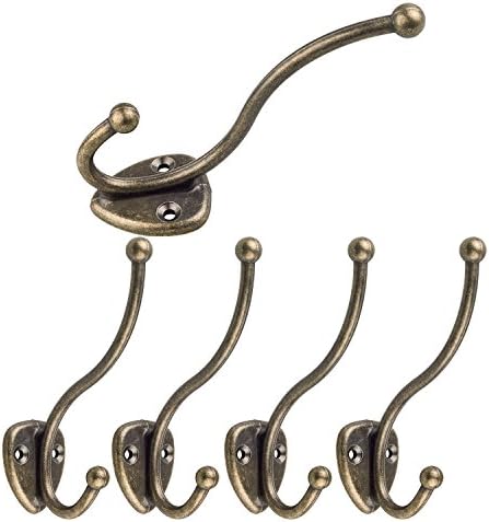 Wall Coat and Hat Hook Heavy Duty Dual Coat Hook 4 1/2", Wall Mounted (Screws included), 5 Pack (bronze)
