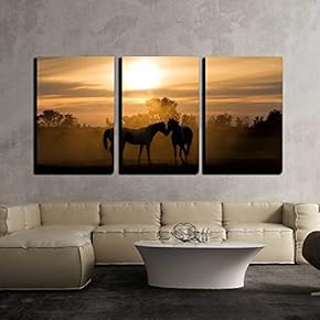 3 Piece Canvas Wall Art - Silhoutte Horses in Love in The Netherlands at Sunset - Modern Home Art Stretched and Framed Ready to Hang - 16"x24"x3 Panels