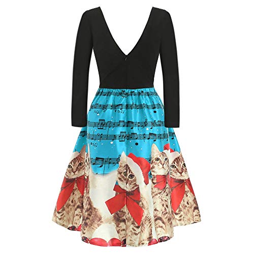 OPTIMIS Christmas Womens Dress, Women Long Sleeve Christmas Cats Musical Notes Print Vintage Flare Dress Sky Blue