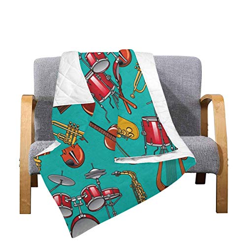 InterestPrint Musical Instruments on Turquoise Background with Drum Set, Guitar, Trumpet, Saxophone, Violin, Lyre Comforter Set Thin Quilt Lightweight Comforter