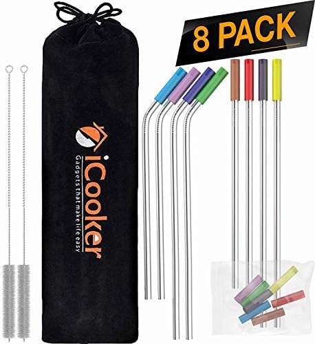 iCooker 8 Pack Reusable Stainless Steel Straws with Colorful Silicon Tips & Carry Bag Ultra Long 10.5 Inch Drinking Metal Straw