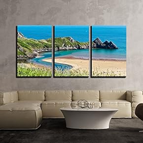 3 Piece Canvas Wall Art - Landscape of Mountains and Blue Bay - Modern Home Art Stretched and Framed Ready to Hang - 16"x24"x3 Panels