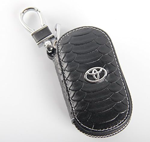 Key chain Bag Oval fish scale stripes Genuine Leather Ring Holder Case Car Auto Coin Universal Remote Smart Key cover Fob Alarm Security Zipper keychain Wallet Bag (Black, Toyota)