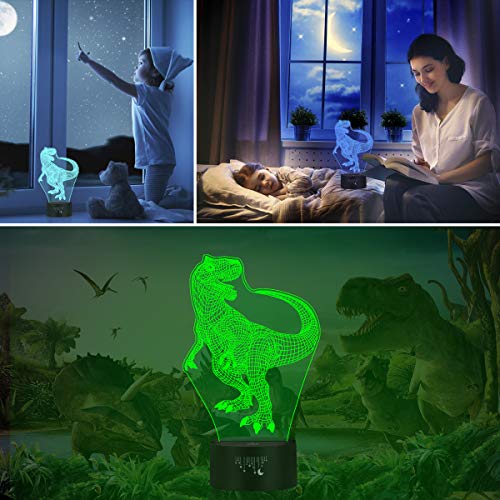 Dinosaur 3D Night Light, Rquite Decorative Bedside Lamp for Kids Room, LED Optical Illusion Lamps Touch Switch 7 Color Changing Lighting, Holiday Xmas Birthday Gifts for Baby Boys Girls - Thumbnail 6