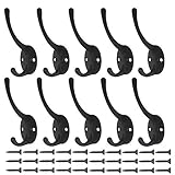 Heavy Duty Dual Coat Hooks Wall Mounted, 10 Pack Dual Prong Retro Double Utility Rustic Hooks with 30 Screws for Coat, Scarf, Bag, Towel, Key, Cap, Cup, Hat (Black)