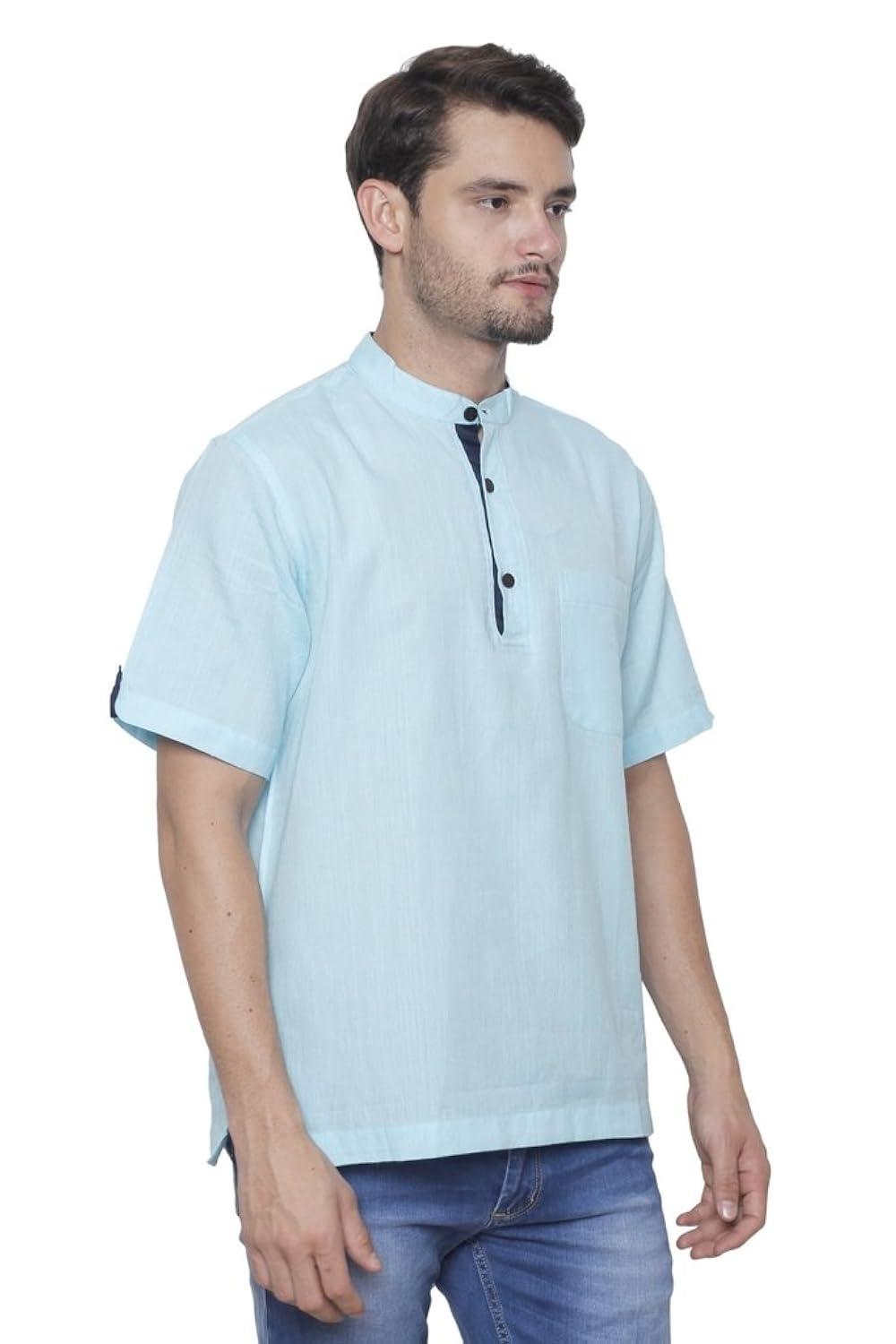 dhrohar khadi blue short sleeve short kurta for men