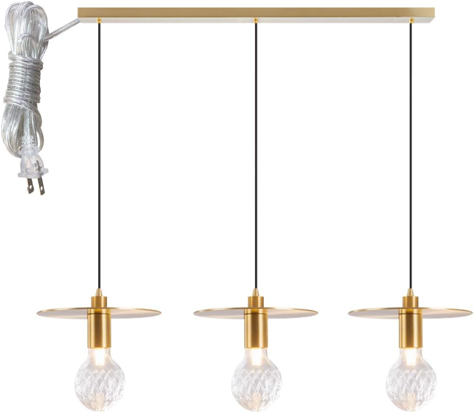 STGLIGHTING 3 Lights Gold Swag Pendant Light with 15ft Plug in UL Cord