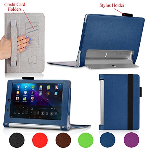 For Lenovo Yoga Tablet 2 10-inch with Sleep/Awake Function, PU LEATHER FOLIO PROTECTIVE SMART CASE, COVER, STAND with MICROFIBER INNER, STYLUS SLOT, Hand Strap and Credit Cards / ID Holders! Dark BLUE.