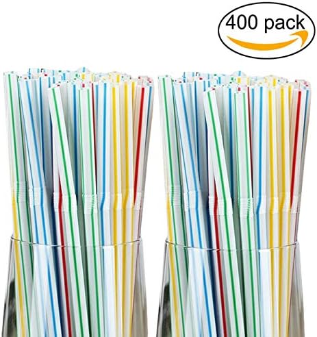 Vammy 400 Pack Flexible Plastic Straws Drinking Striped Multi Colored Disposable Bendy Straw BPA Free 8" Long
