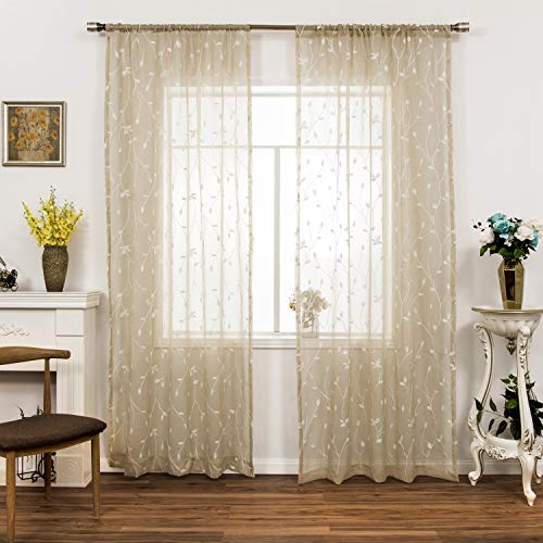 AmHoo Floral Leaf Embroidery Semi Sheer Curtain Rod Pocket Voile Sheer Curtains Set of 2 for Living Bedroom Window Treatment (Linen, 53 x 63)