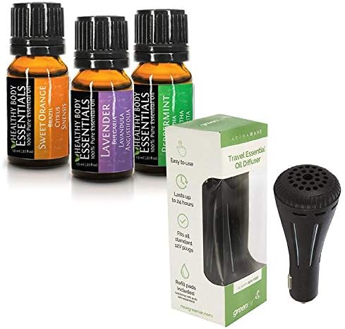Healthy Body Essential Oils with Car Diffuser - 3 Pack Aromatherapy Essential Oils Set for Relaxation, Stress-Relief, Sleep, Energy - Defusser Essential Oils of Lavender, Peppermint, Sweet Orange