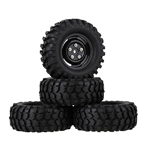 Mxfans 12mm Hex Black Plastic Wheel Rims with Screws & Rubber Tyres Tires for RC 1:10 Racing Climbing Rock Crawler Pack of 4
