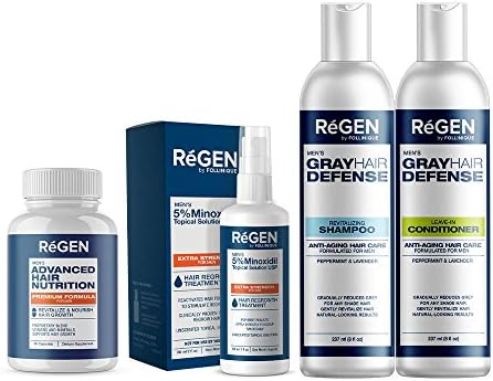 ReGEN - Complete Hair ReGROWTH Treatment Combo &amp; Gray Defense for MEN – FDA Approved - 5% Minoxidil – Clinically Proven Results in 2 months + ReGEN Advanced Hair Nutrition Vitamins &amp; Minerals