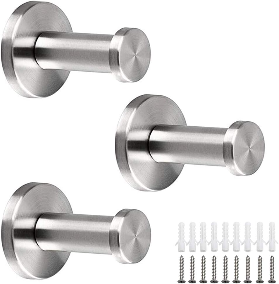 NewZC Wall-Mount Robe and Towel Hooks 3 Pieces Round Stainless Steel Coat Hanger Bathroom Brushed Nickel Shower Hook Chrome Hanging Hooks for Hotel Kitchen Bedrooms Toilet Lavatory Closets Clothes Hat