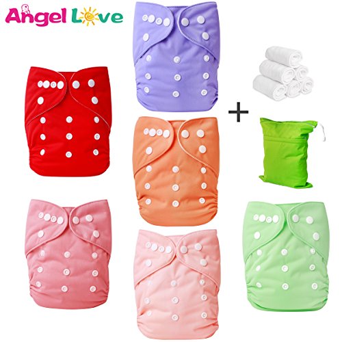 Cloth Diapers, Angel Love 6 Pack Diaper Covers+6 Diaper Inserts+1 Wet Dry Bag, Baby Washable Cloth Pocket Diapers, Reusable, All in one Size, Adjustable Snap, Gift Set, 2ZH02 (Girl Color)