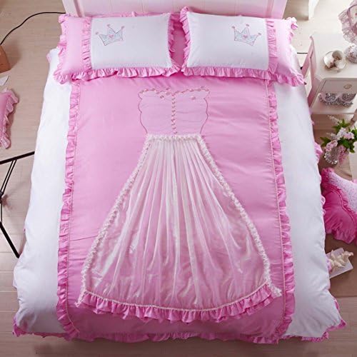 YOYOMALL Home Decoration Korean Princess Sheet Sets,Cute Crown Pink and White Lace Dress Bedding Sets,Girl's Duvet Cover Set,Bedding Set for Teen Girls Full and Queen Size (Queen)