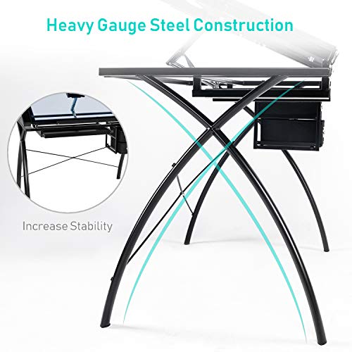 BAHOM Adjustable Drafting Table Glass Top, Art Drawing Craft Desk with 2 Drawers, Perfect for Artwork and Design, Black - Thumbnail 3