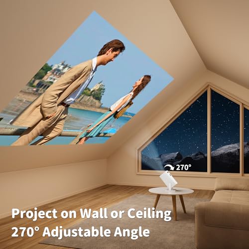 Sainyer Mini Projector, 4K Supported Full HD 1080P Portable Projector, 270° Rotation Outdoor Movie Projector with Electric Keystone, ≤25dB Low Noise, Dual HiFi Speakers, HDMI/USB, Projecteur 4K