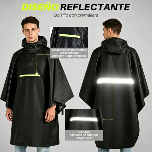 ZQSQD 3 en 1 Impermeable para Lluvia Hombres y Mujeres, Poncho de Lluvia Reflectante con Capucha, Chubasquero con Bolsillos con Cremallera, Adecuado para Senderismo, Acampada y Ciclismo