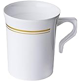 BloominGoods 50 Heavyweight Disposable White Plastic 8 oz. Coffee Mugs with Gold Trim | Tea, Cappuccino, Espresso Cups with Handles (50-Pack)