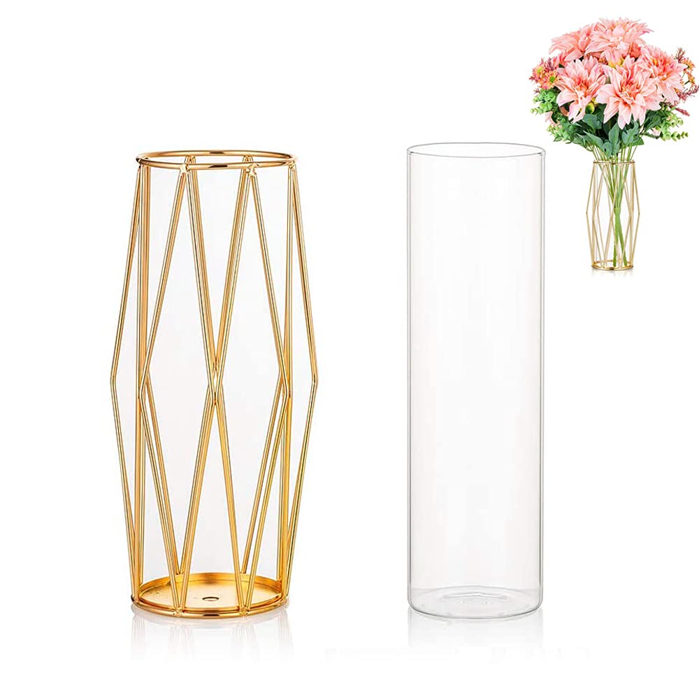 Plating Metal Vase, Metal Holder Flower Vase, Transparent Flower Vase, Glass Flower Vase, with Geometric Metal Holder, for Living Room, Home, Office, Wedding, Holiday, Party Celebrate (Gold)