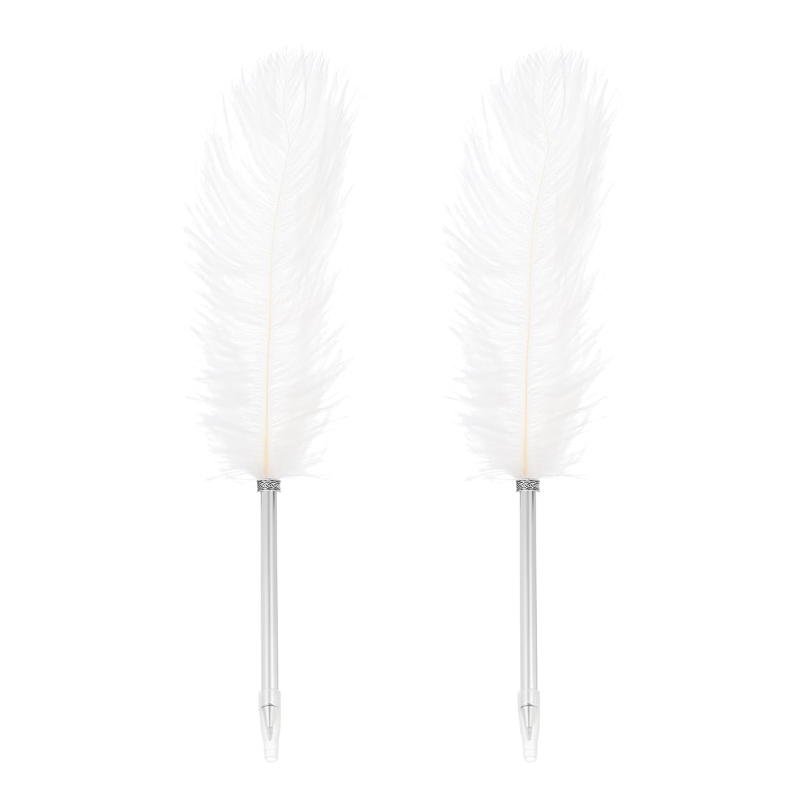 PATIKIL Feather Ballpoint Pen, 2 Pcs 0.5mm Fluffy Vintage Ink Quill Pen Refined Plated Rod Quill Pen for Calligraphy Writing Signature Guest Wedding Gift, White