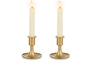 Gold Taper Candle Holder Set of 2, Hewory Short Skinny Brass Candlestick Holders, Vintage Small Low Metal Candles Sticks for Wedding Centerpieces Christmas Birthday Party Holiday Dinning Table Decor