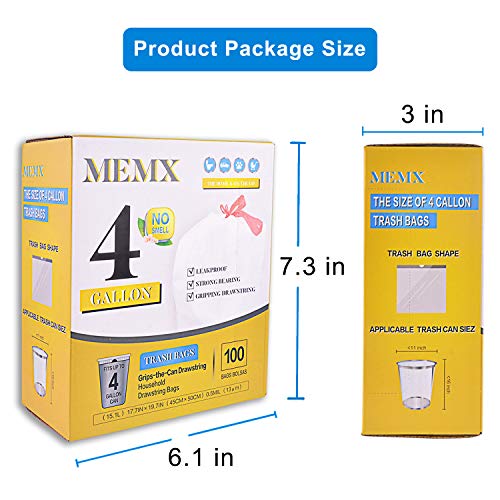 Drawstring Trash Bags,MEMX 4 Gallon Small Garbage Bags Wastebasket Bin Liners Strong Plastic Trash Bags for Bathroom,Bedroom,Office Trash Can.(100 Count)