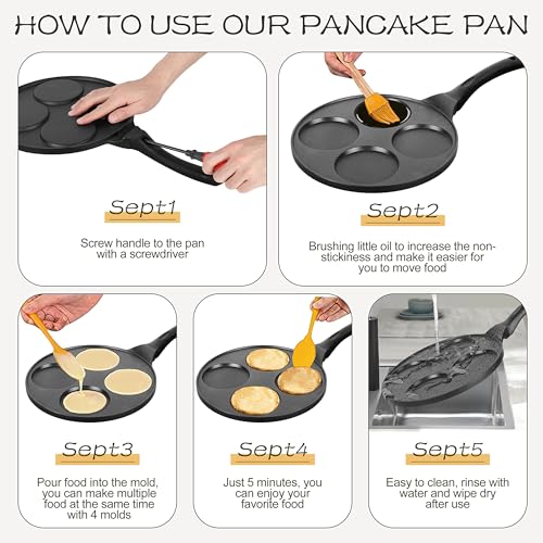 Pancake Pan with 4 Cups, 10.5 Inch Nonstick Mini Pancake Maker Griddle, PFOA-Free Coating for Easy Cooking and Cleaning, Black