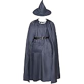 Adult Men Costume Cloak Hat Grey Wizard Cosplay Hooded Robe with Belt and Bag Halloween Full Set