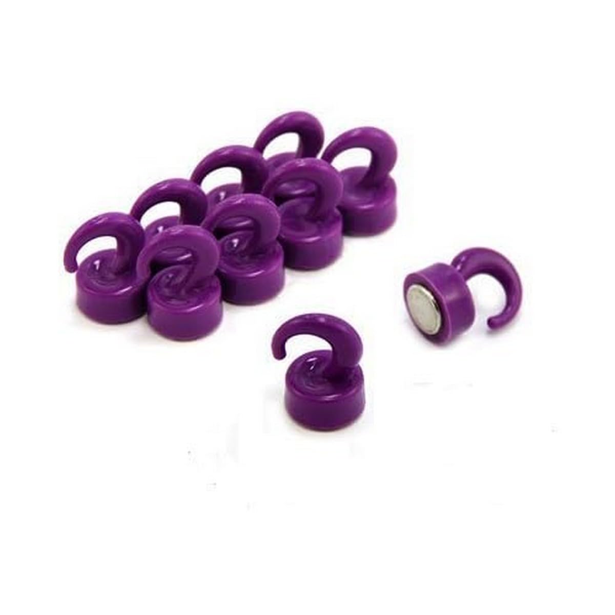 Purple Plastic Mini Magnetic Hooks for Fridge, Office, Whiteboard, Noticeboard, Filing Cabinet - 12mm Dia x 20mm Tall - 1kg Pull - Pack of 10