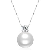 Sterling Silver White/Pink Pearl Pendant Necklace - 10mm Single Pearl Necklaces for Women Dainty Wedding Jewelry Gifts