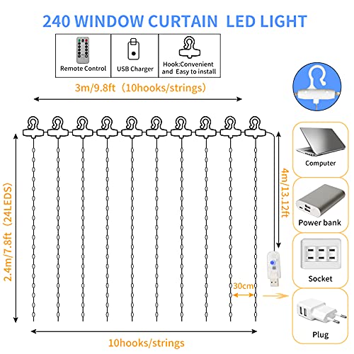 LED Lichtervorhang, 3mx2.4m 240 LEDS Vorhang Lichter USB betrieben 8 Modi mit Feenfenster Lichter mit Fernbedienung & Timer Warm weißes Licht für Indoor Outdoor Weihnachten Dekoration.