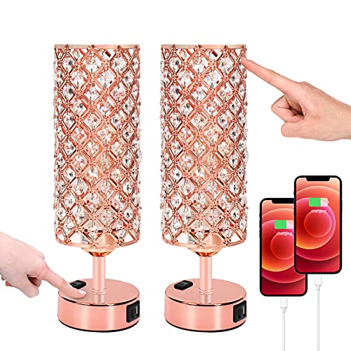 Touch USB Table Lamp Set Crystal Bedside Table Lamp, Rose Gold