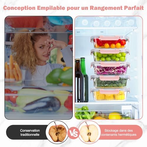 Boite Alimentaire Verre avec Couvercle Hermétique - Lot de 10 Lunch Box Verre Réutilisables, Sans BPA, Compatibles Micro-ondes, Four, Lave-vaisselle, Congélateur, Rose