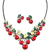 coadipress 3D Red Cherry Earring Necklace Set For Women Cute Fruit Cherry Stud Earrings Dripping oil Red Cherry Earring Cherry Pendant Necklace Christmas Party Wedding Gift