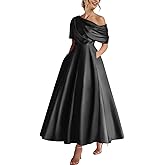 Xuzey Tea Length Satin Mother of The Bride Dresses for Women One Shoulder Formal Evening Gown with Pocket Wedding Guest