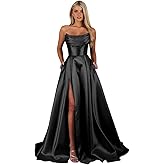 Memphty Strapless Satin Prom Dresses with Slit Long Corset A Line Formal Evening Party Gowns with Pockets