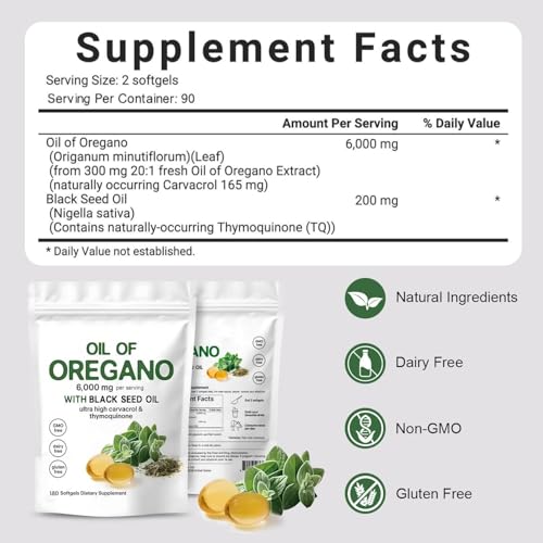 Oregano Oil with Black Seed Oil Capsules – 2-in-1 Formula for Immune Support – Plant-Based, Non-GMO Oil of Oregano Capsules (180 Softgels/1 Bag)